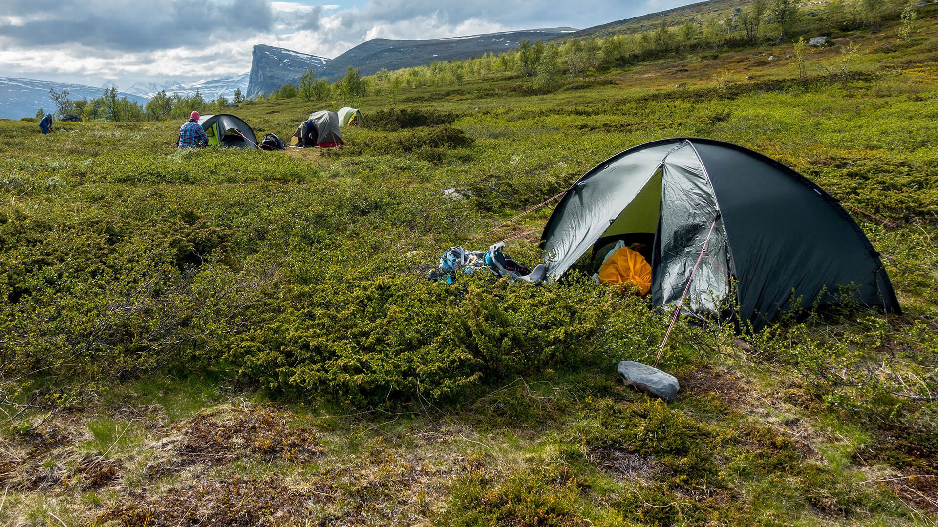 Kuppelzelt auf grünem Fjäll mit Bergen im Hintergrund an einem hellen Sommerabend